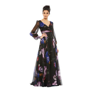 Women's Mac Duggal Black Multicolor Floral Long Sleeve Maxi Chiffon Dress Size 2